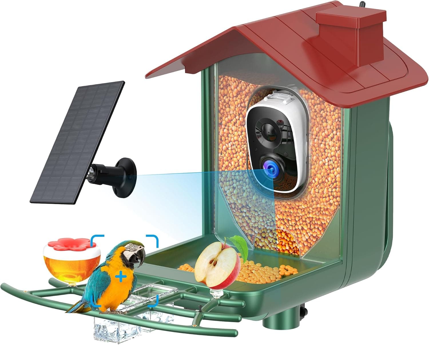 Comedero inteligente para pájaros con cámara al aire libre: cámara solar para comedero de pájaros para jardín exterior - Cámara de vídeo en vivo HD 2K Reconocimiento AI Ventana visible Captura automática - Regalos para amantes de las aves