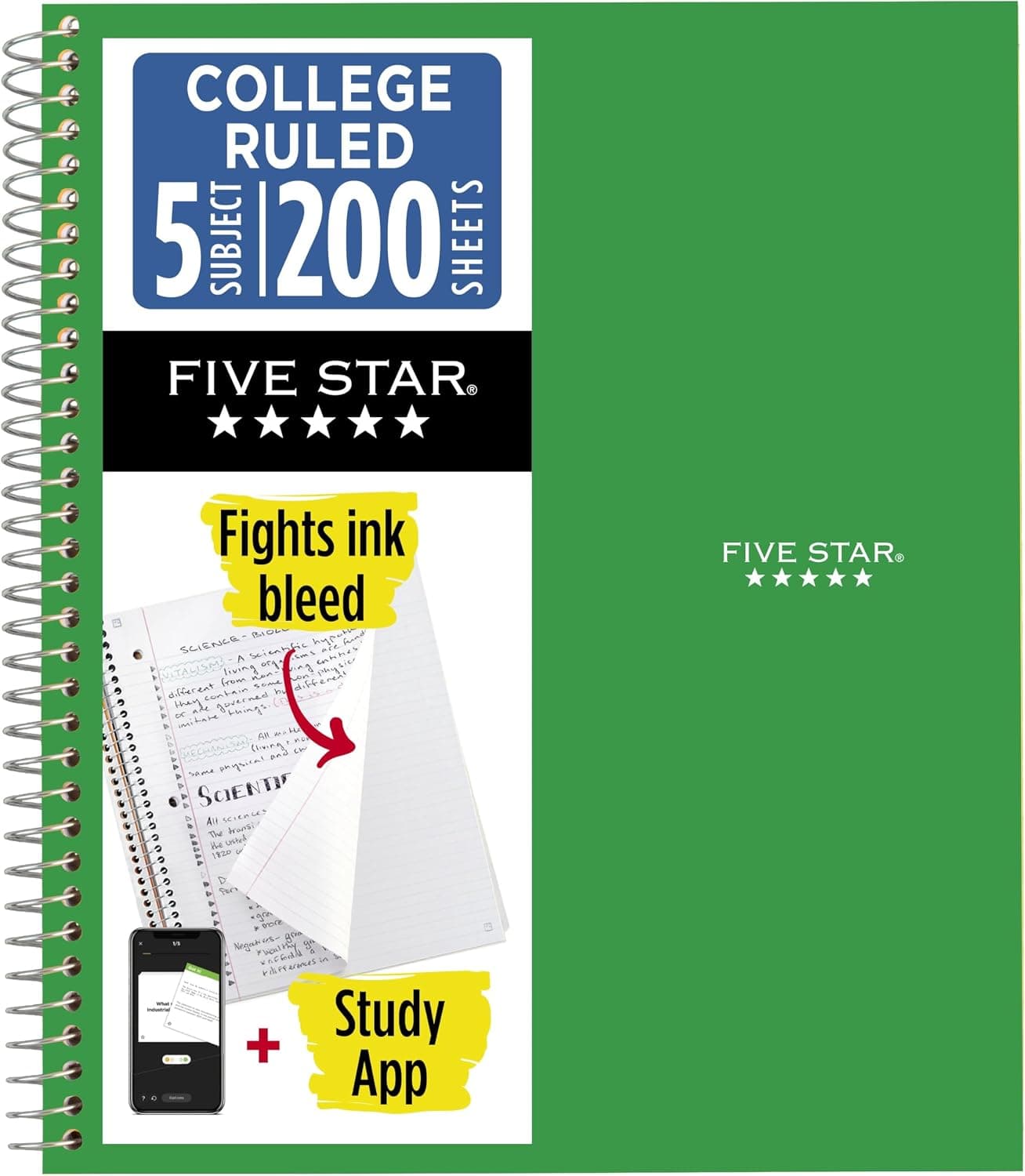 Cuaderno en espiral Five Star + aplicación de estudio, 5 temas, papel con rayas universitarias, 8.5" x 11", 200 hojas, verde (el color puede variar) (72079)