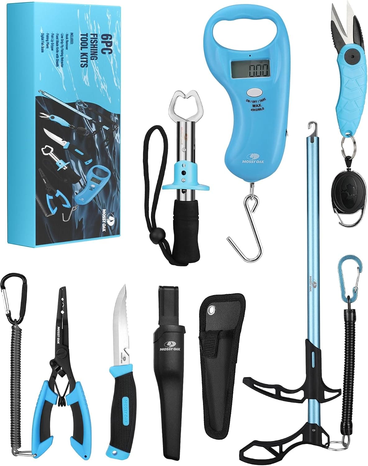 Mossy Oak Kit de herramientas de pesca, alicates de pesca, pinza de labios de pescado y accesorios de pesca multifunción, equipo de pesca resistente al agua salada con funda, gran regalo para pescadores