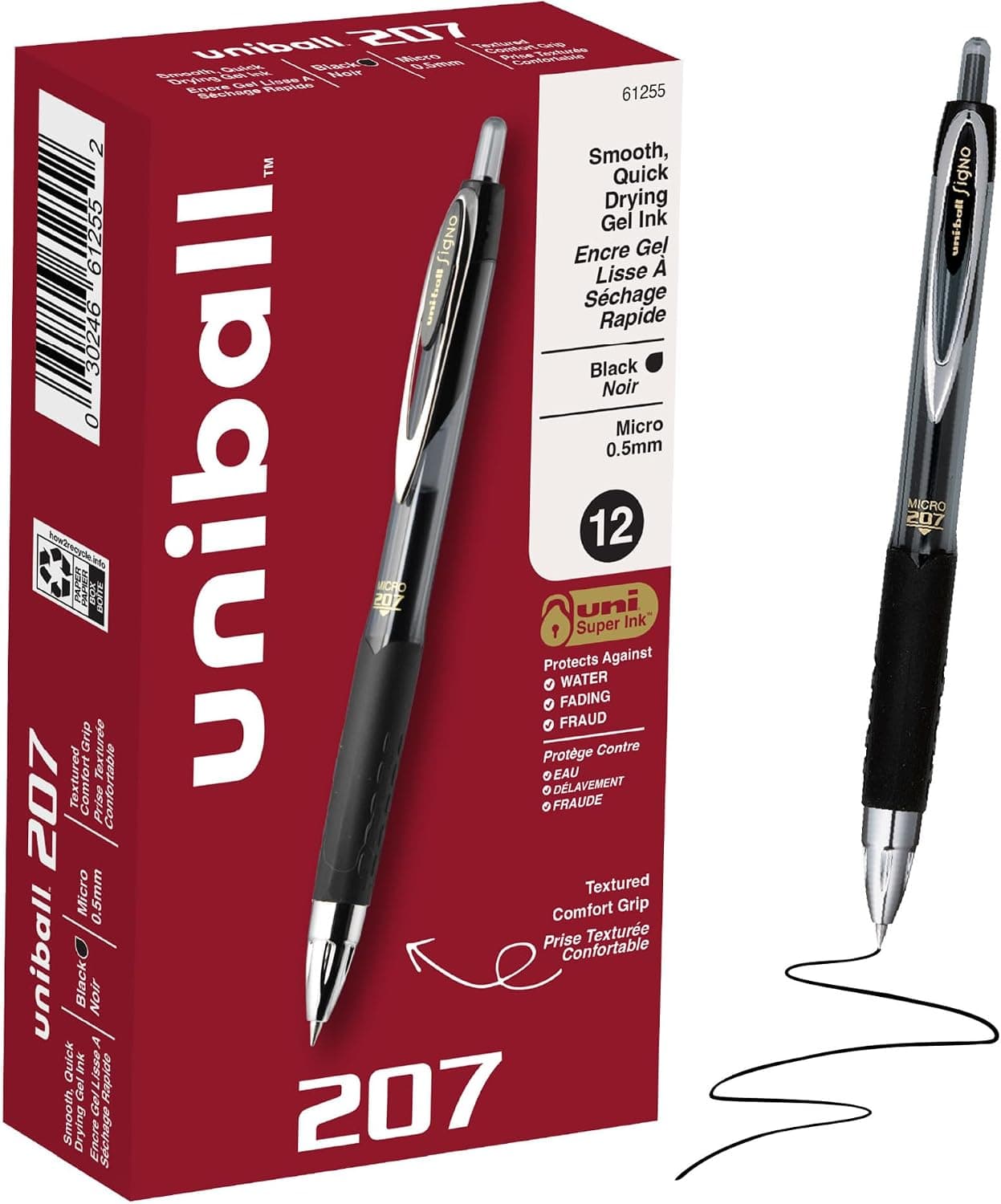 bolígrafos de gel uniball™ 207, tinta negra, micropunta de 0,5 mm, retráctiles, 12 unidades | Escritura fluida, resistente al fraude, uni Super Ink™