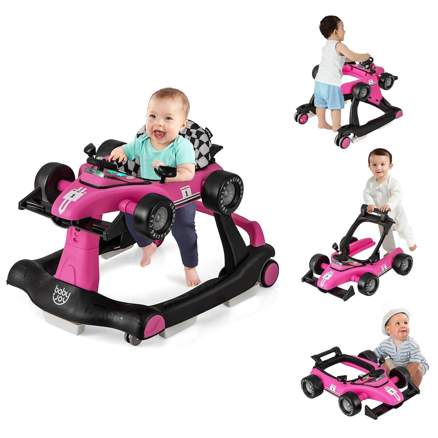 BABY JOY Andador para Bebés 4 en 1, Andador de Actividades Plegable con Altura y Velocidad Ajustables, Música, Luces, Antivuelco, Andador para Bebés con Ruedas para Niños Niñas de 6 a 18 Meses (Rosa)