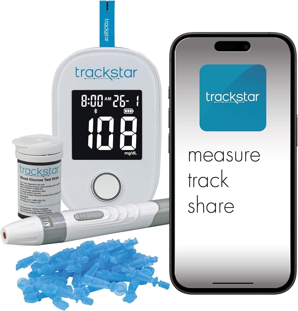 Kit de monitorización de glucosa en sangre, compatible con Bluetooth iOS y Android | Mide, rastrea y comparte los resultados, glucómetro con tiras, lancetas y dispositivo de punción, se sincroniza con la aplicación trackstar