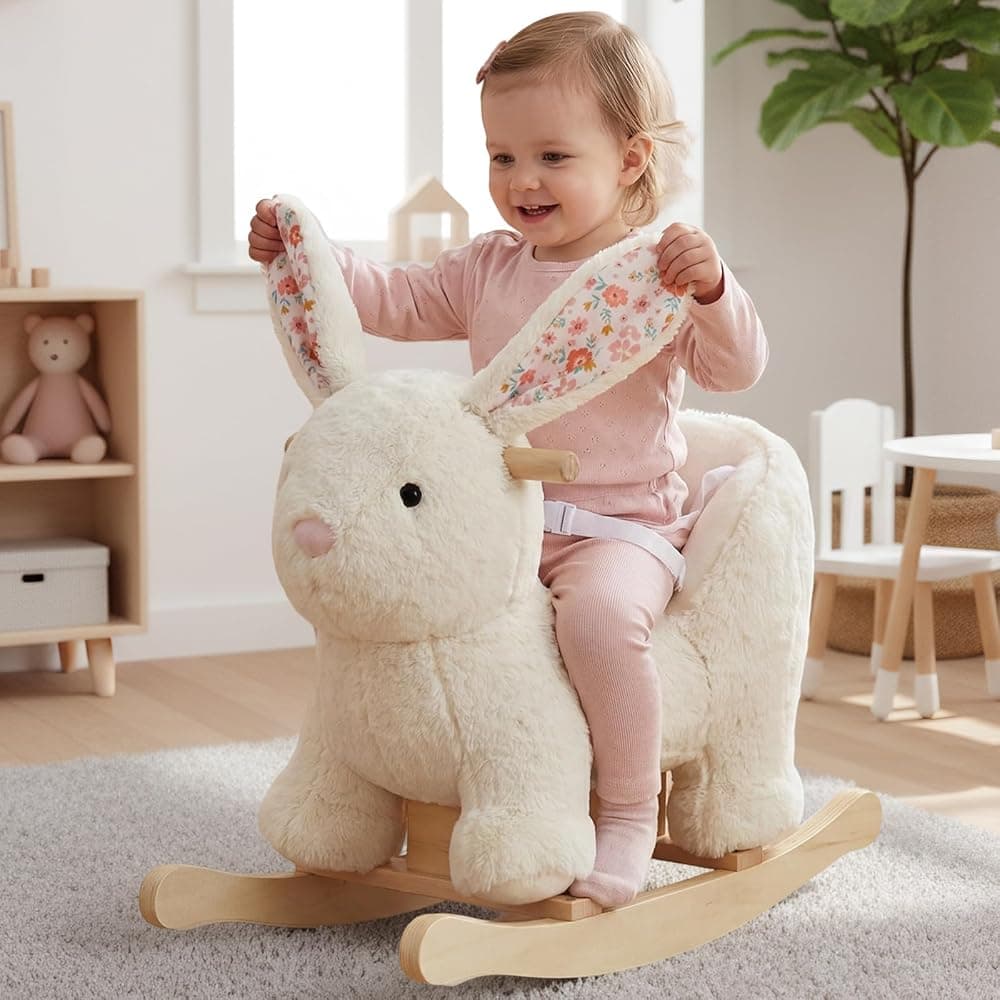 Labebe Caballo balancín para bebé, balancín de animales de conejo de peluche, caballo balancín de madera con cinturón de seguridad, juguete para niños de más de 12 meses, cumpleaños de guardería
