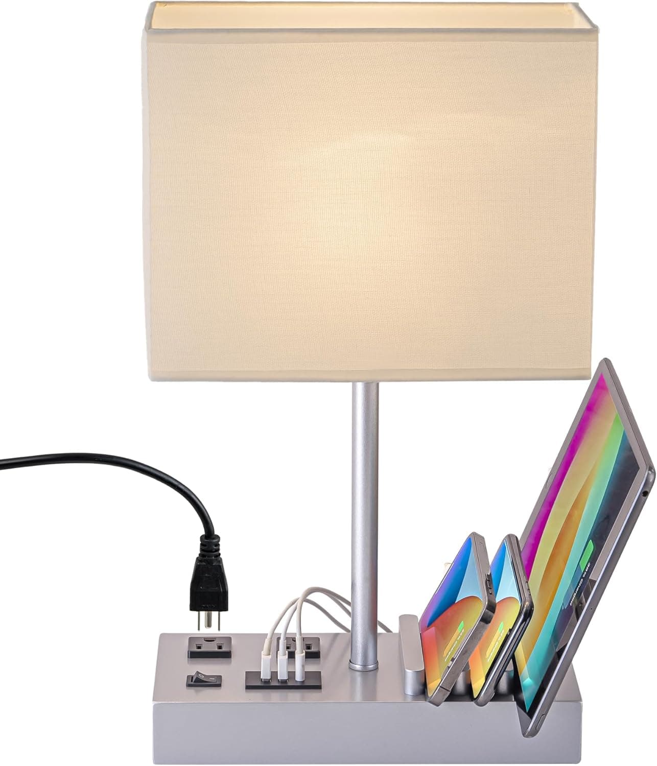 Briever Lámpara de mesa USB, lámpara de escritorio multifuncional con 2 salidas de CA, lámpara de noche con 3 puertos de carga USB y soportes de madera para teléfono, lámpara de mesita de noche para dormitorio, sala de estar, oficina, grano de madera plateado