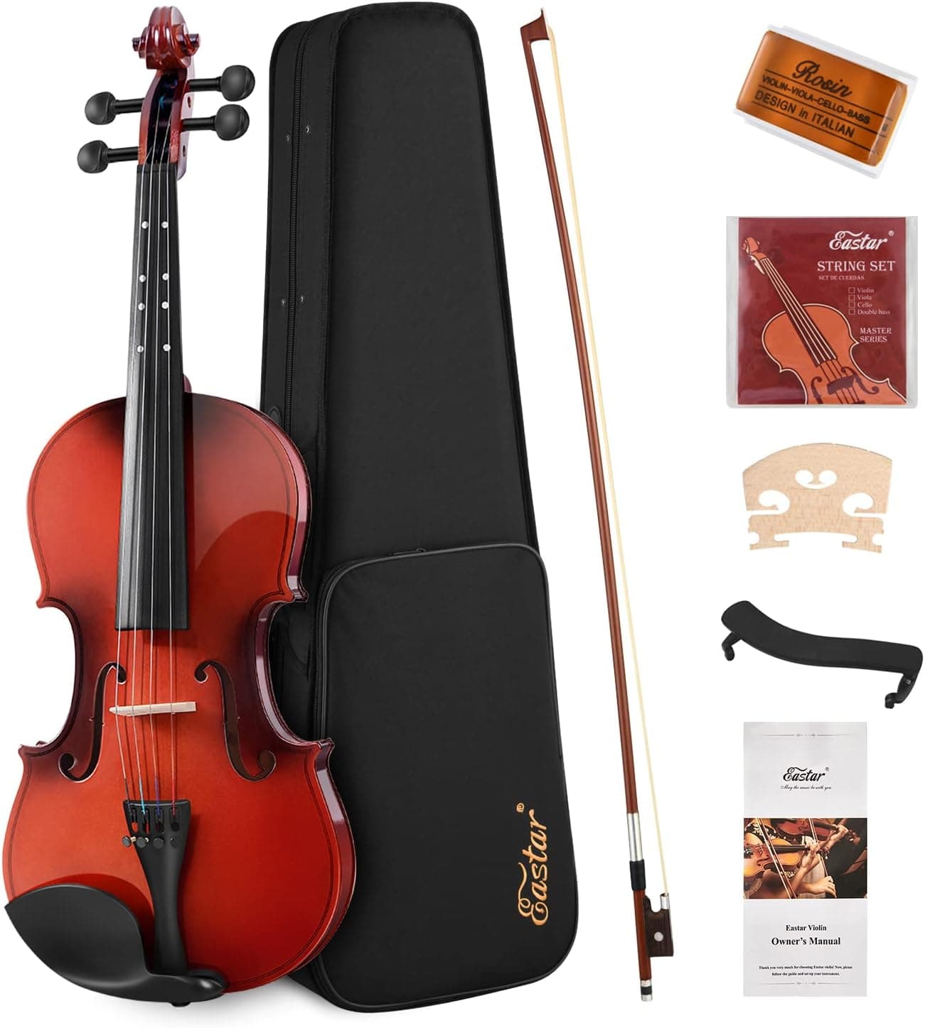 Eastar Violín 4/4 tamaño completo para adultos, juego de violín para principiantes con estuche rígido, colofonia, reposahombros, arco y cuerdas adicionales (guía de dedo impresa en el diapasón), EVA-2