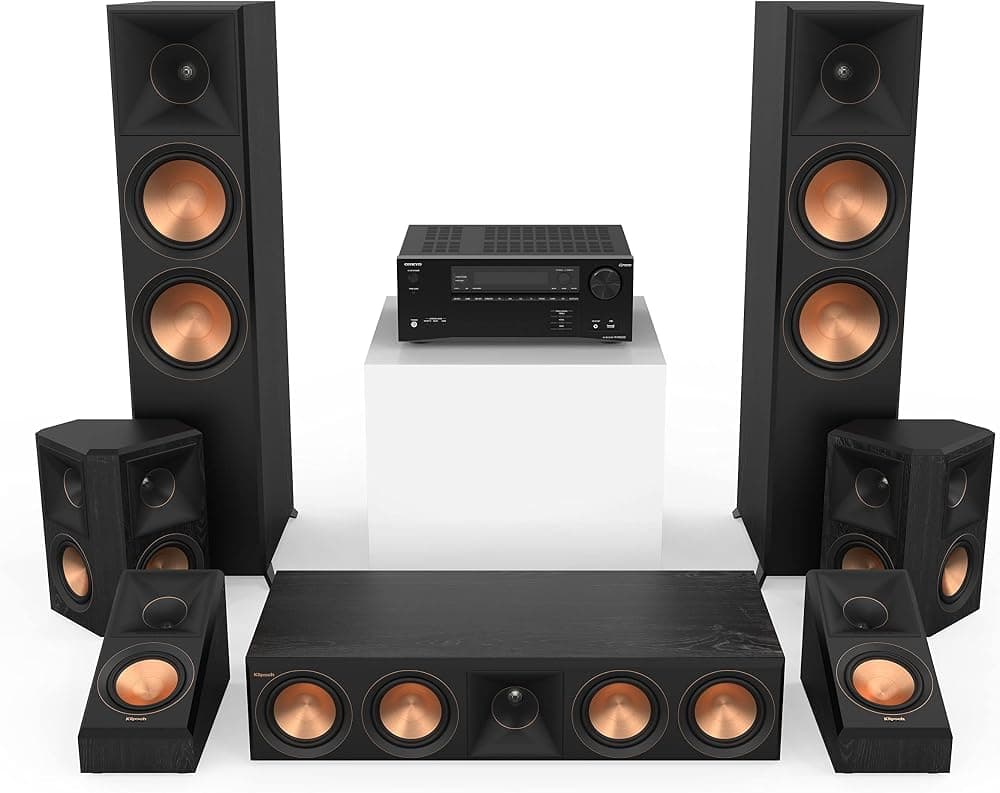 Klipsch Reference Premiere RP-8000F II 5.0.2 en sistema de cine en casa en ébano con woofers cerámicos de 8" en ébano con receptor AV Onkyo TX-NR6100 de 7.2 canales