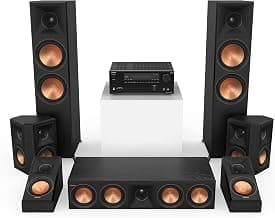 Klipsch Reference Premiere RP-8000F II 5.0.2 en sistema de cine en casa en ébano con woofers cerámicos de 8" en ébano con receptor AV Onkyo TX-NR6100 de 7.2 canales