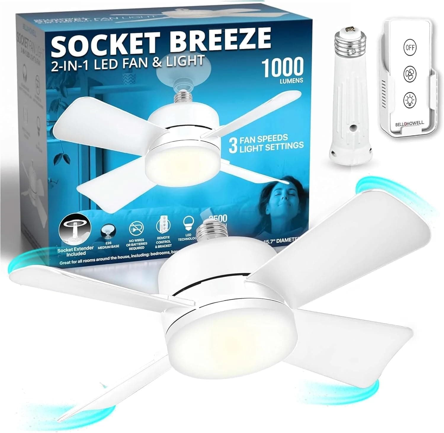 Bell+Howell Socket Breeze Ventiladores de techo modernos con luces LED, 10"LED E26 Base de tornillo Mini ventilador de enchufe para dormitorio, sala de estar, cocina, balcón