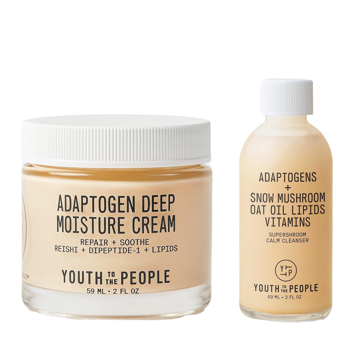 Youth To The People Adaptogen Skincare Bundle for Dry + Sensitive Skin - Adaptogens Supershroom Calming Facial Cleanser (2oz) + Adaptogen Skin Repairing Face Moisturizer with Peptides (2oz) - Vegan