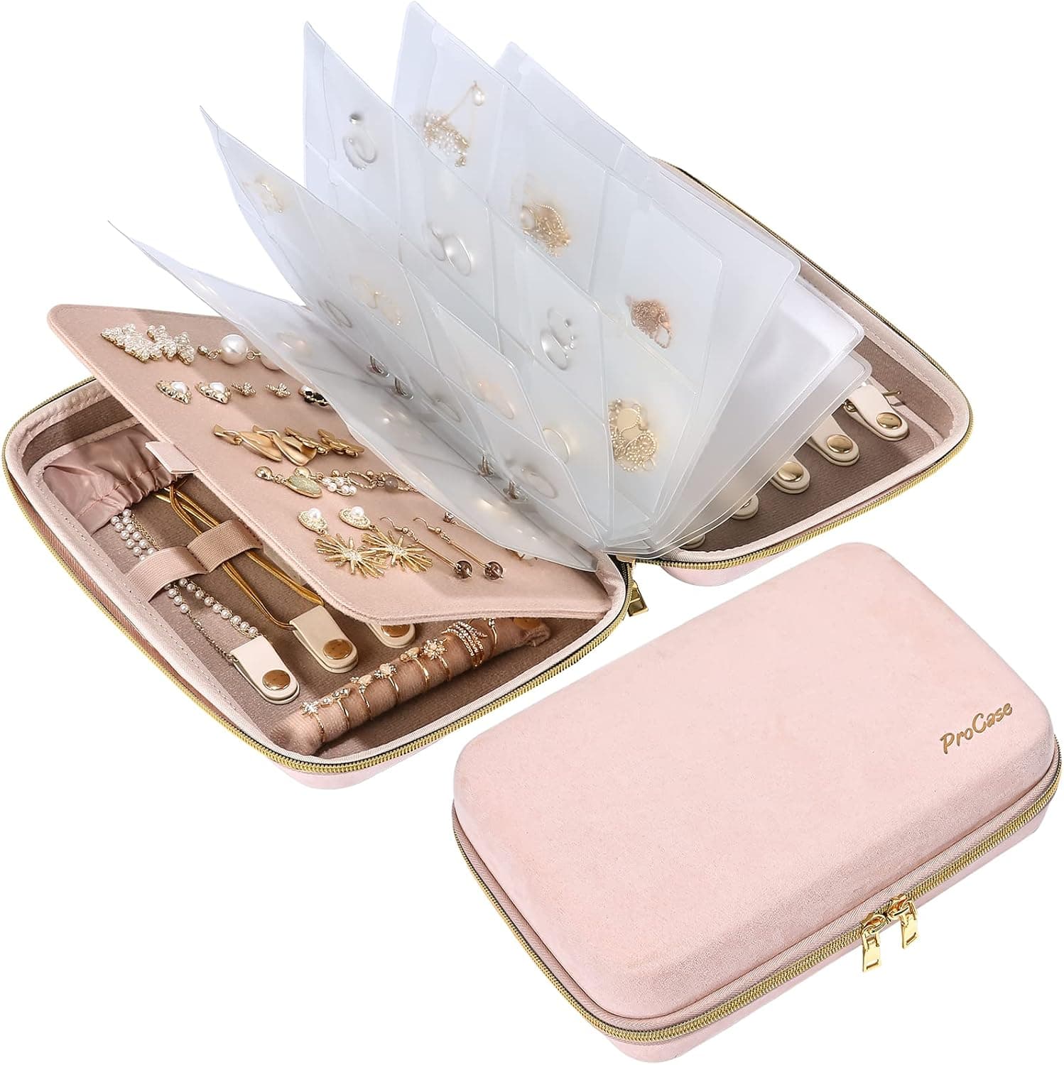 ProCase Estuche Organizador de Joyas de Viaje Grande, Carpeta de Anillas con Bolsillos Transparentes para Presentación, Bolsa con Cremallera para Pendientes, Collares, Pulseras, Rosa
