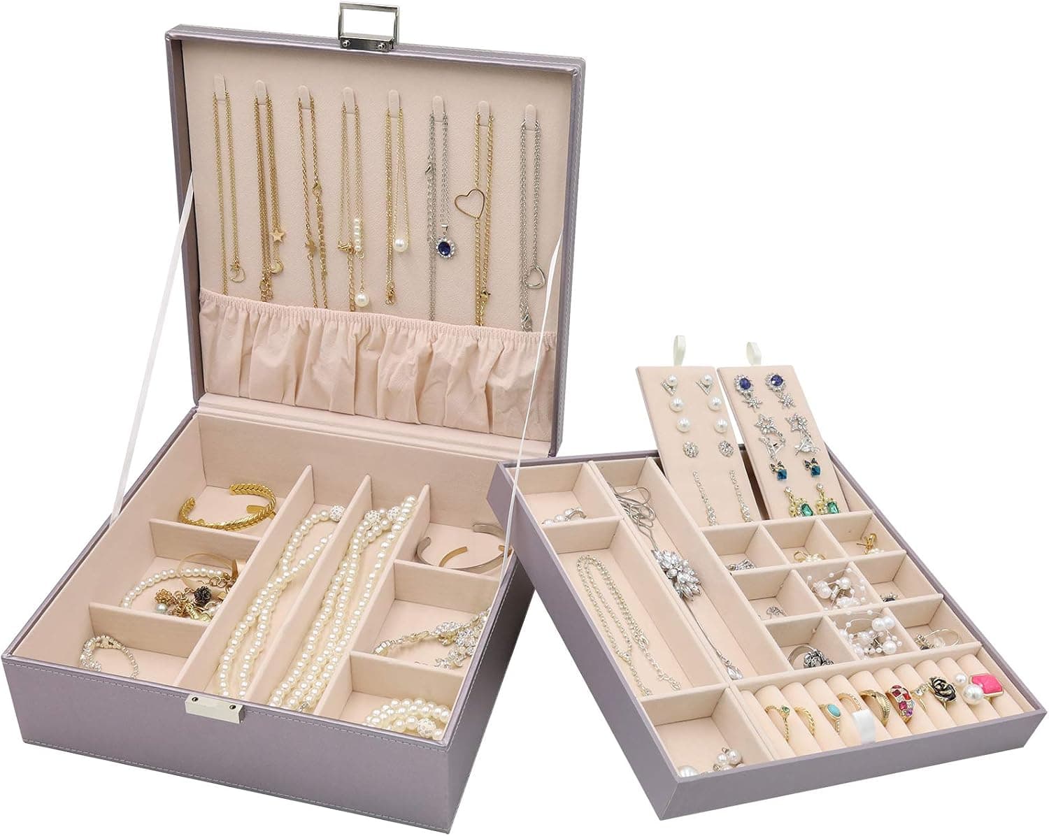 ProCase Joyero de 2 Capas para Mujer -Plata Perlada | Estuche de almacenamiento organizador de joyas de cuero grande con almohadilla extraíble para aretes