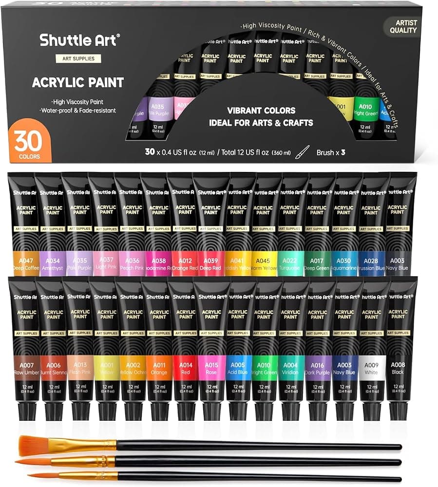 Shuttle Art Juego de pintura acrílica, tubos de 30 x 12 ml, calidad artística, pigmentos ricos no tóxicos, colores ideales para niños y adultos, pintura profesional sobre rocas, lienzo, madera, arcilla, tela, artesanías de cerámica