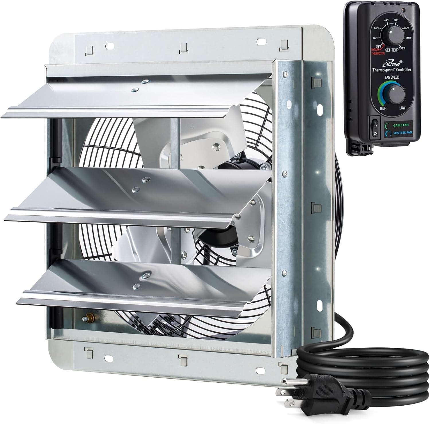 iLIVING Ventilador de escape de persiana montado en la pared de 12", obturador automático, con termostato y controlador de velocidad variable, 0.6A, 960 CFM, área de cobertura de 1400 SQF plateado (ILG8SF12V-ST)