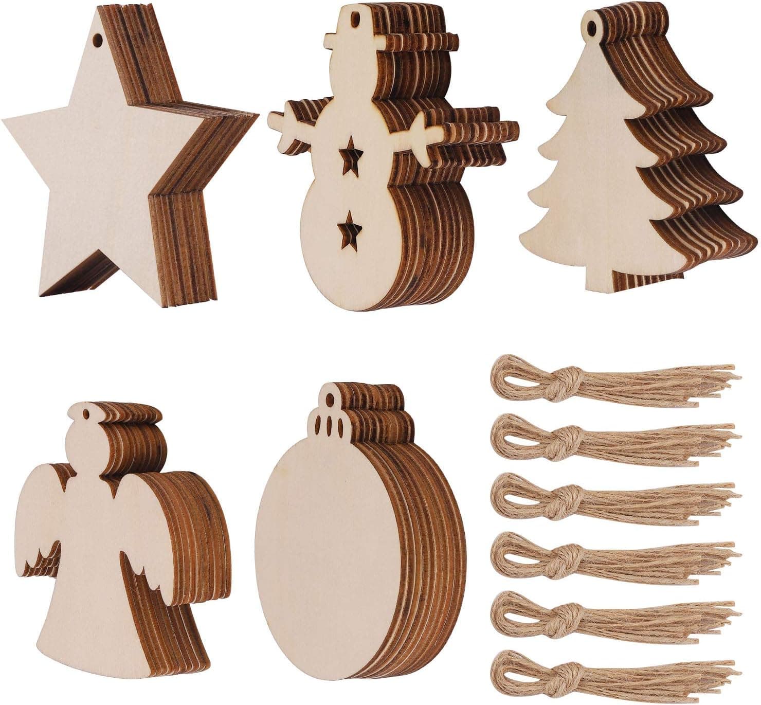 50 Piezas de Adornos de Decoración de Festivales de Navidad de Madera en Blanco Pintables Sin Terminar, Rebanadas de Madera Colgantes de Árbol de Navidad para Manualidades de Bricolaje para Niños, 5 Diseños: Árbol de Navidad, Muñeco de Nieve, Estrellas, Ángel, Redondo
