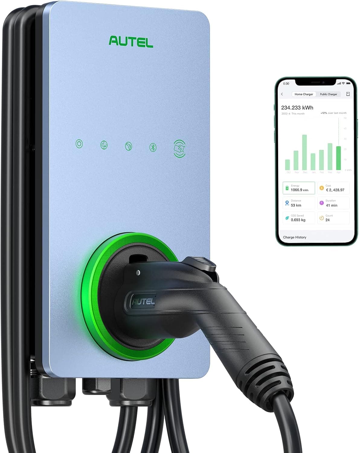 Autel Home Cargador inteligente para vehículos eléctricos (EV) de hasta 50 amperios, 240 V, estación de carga para automóviles para interiores y exteriores con nivel 2, EVSE habilitado para Wi-Fi y Bluetooth, cableado, cable de 25 pies, color azul Sierra