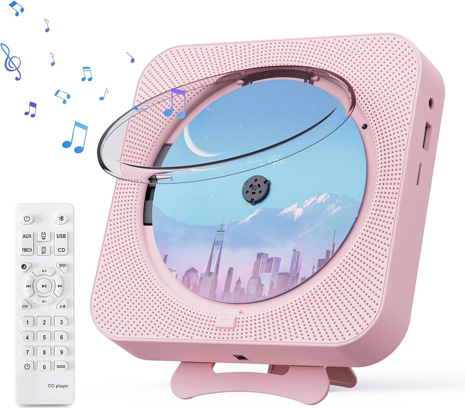 MICOCOUS Reproductor de CD portátil con reproductor de CD de escritorio Bluetooth para reproductores de música de CD domésticos con control remoto, temporizador, altavoces duales incorporados con pantalla LED Audio para el hogar Boombox Radio FM (rosa)
