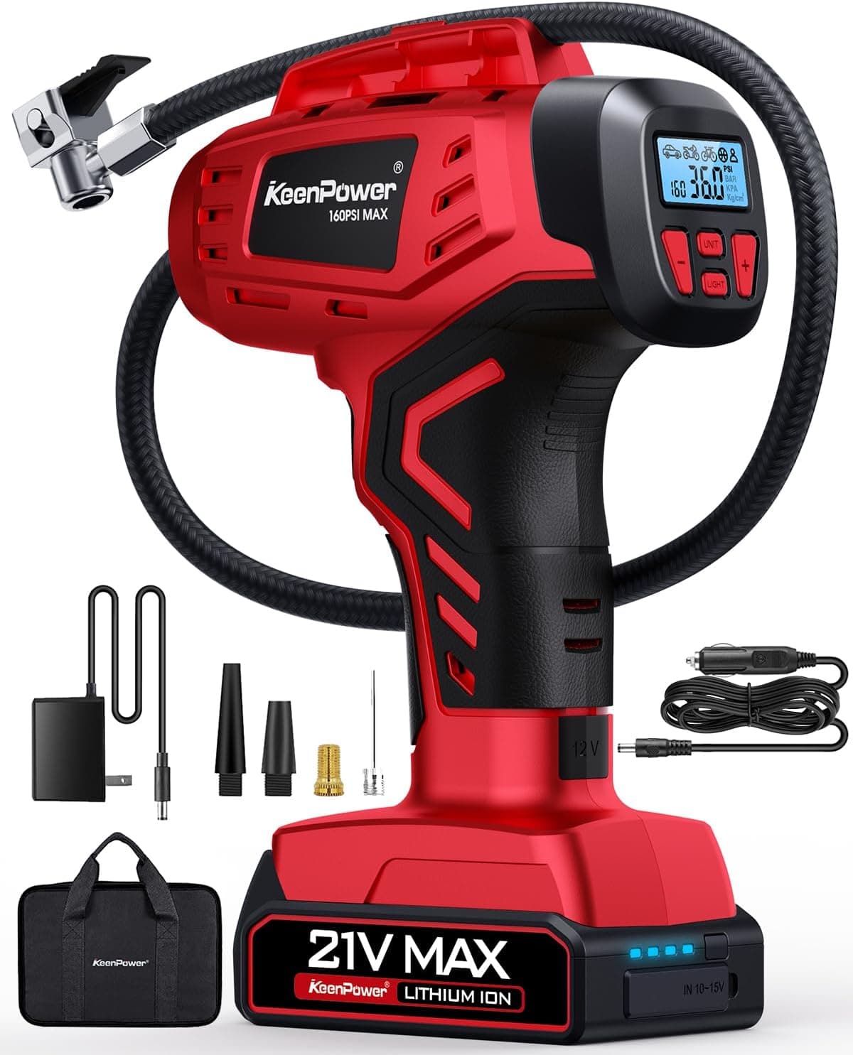 Inflador de neumáticos inalámbrico digital Compresor de aire portátil Automático 160 PSI con pantalla de indicador y modo inteligente 4+N y fuente de alimentación dual, bomba de aire portátil con batería recargable de 21 V, bomba de neumáticos para automóvil | con pantalla de calibre y modo inteligente 4+N y fuente de alimentación dual, batería recargable de 21 V y 12 V CC, bomba de aire para coche, motocicleta, bicicleta, bola