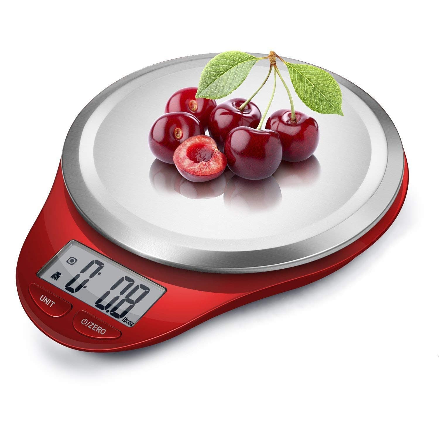 Báscula digital para alimentos NUTRI FIT Báscula de cocina Peso gramos y onzas Rojo | Acero inoxidable, Pasos de 1g, Máximo 11lbs, Pantalla grande, Tara inteligente, Cocinar Hornear Pan Café, Alta Precisión, Incluye Batería