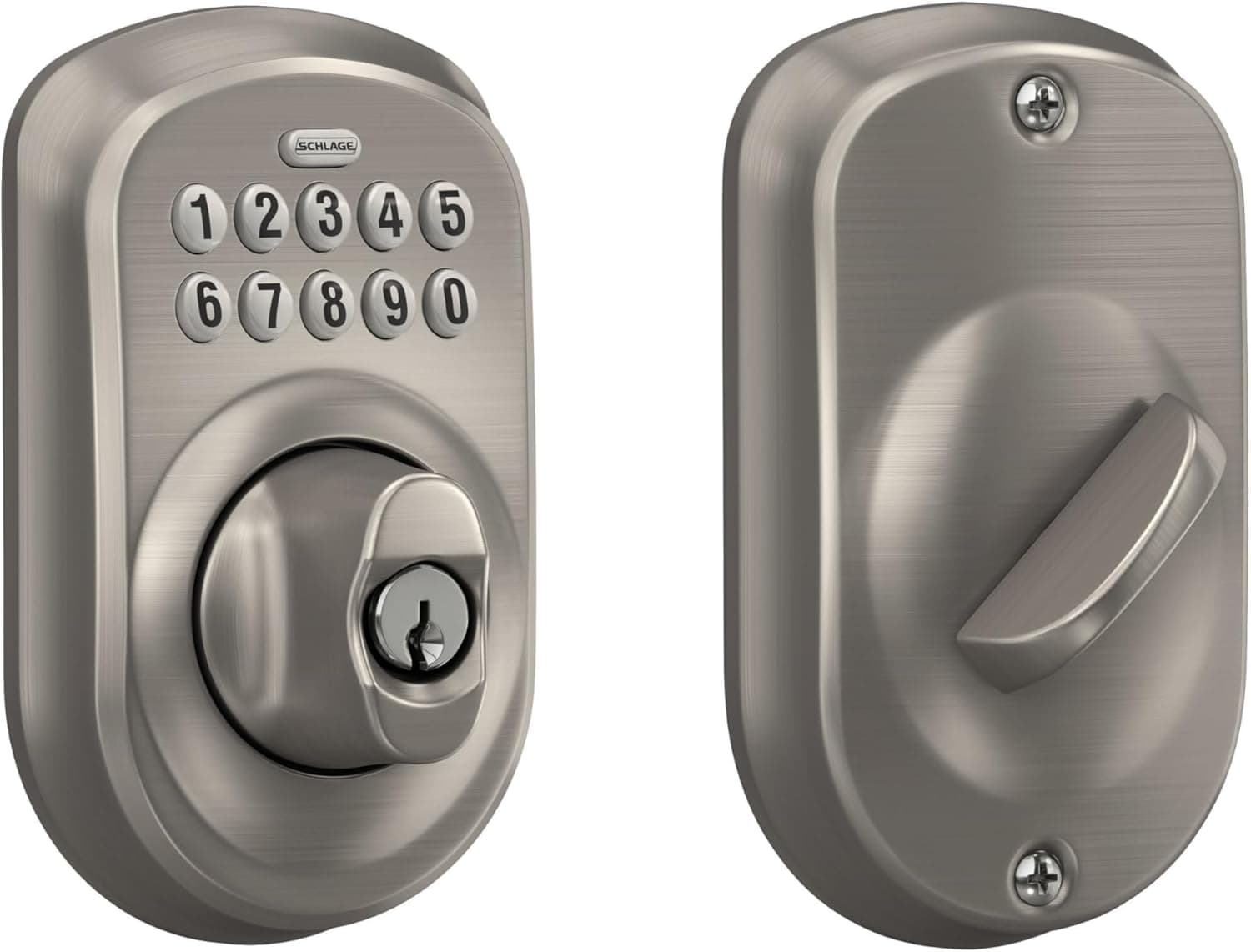 Schlage BE365 PLY 619 Plymouth Keypad Deadbolt, cerradura electrónica de entrada sin llave, níquel satinado