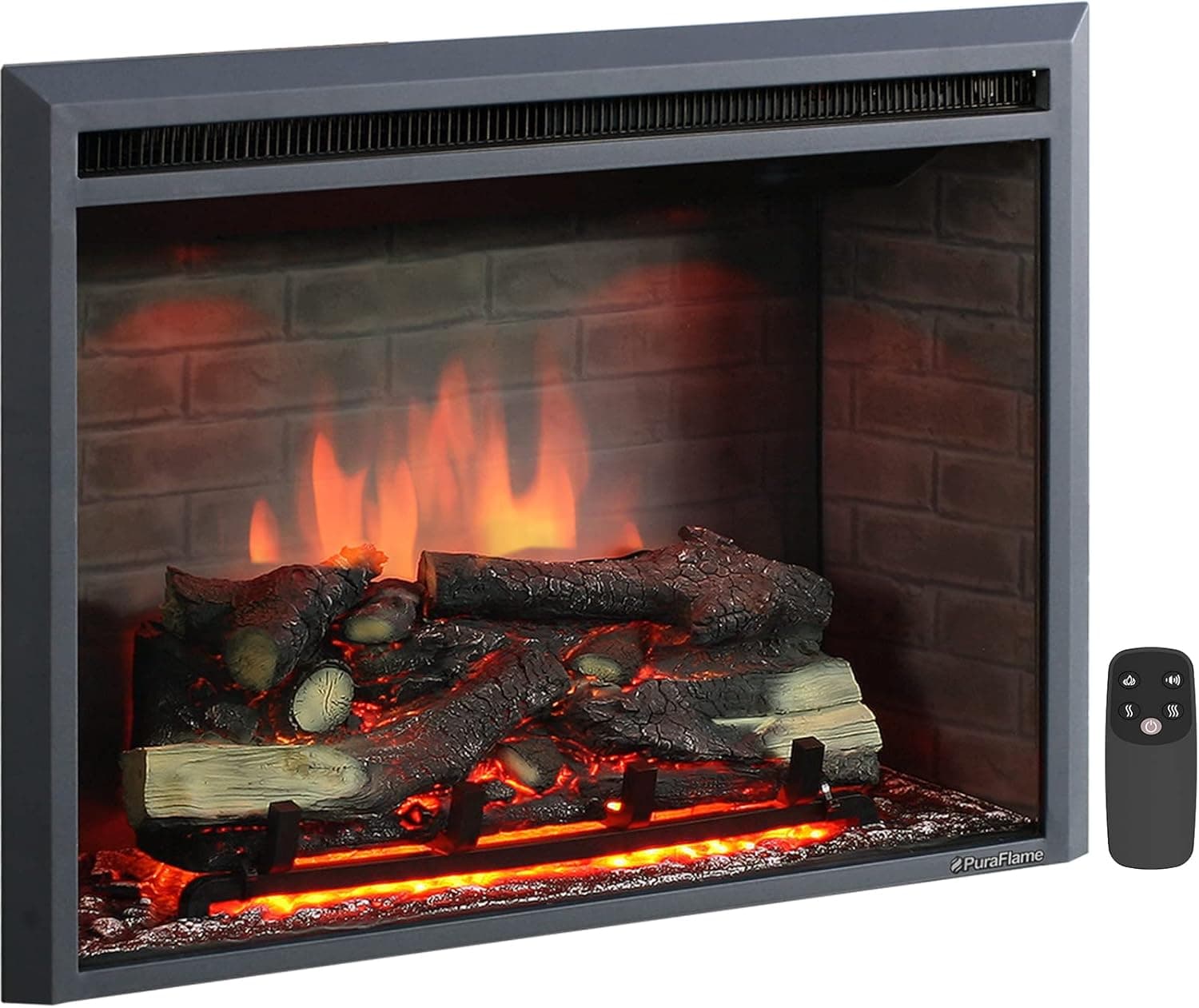 PuraFlame Western Inserto para chimenea eléctrica con sonido crepitante de fuego, control remoto, 750/1500 W, negro, 33 1/16 pulgadas de ancho, 25 9/16 pulgadas de alto