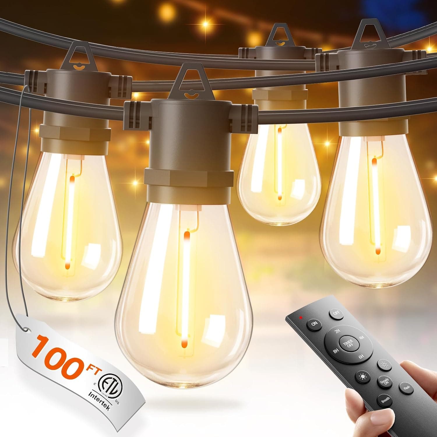 addlon Cadena de luces LED para exteriores de 100 pies, bombillas regulables impermeables para patio | Listado UL, control remoto. Bombillas Edison inastillables, temporizador, conectables, blanco cálido de 2700 K. Para patio trasero, pérgola, paquete de 2 x 50 pies.