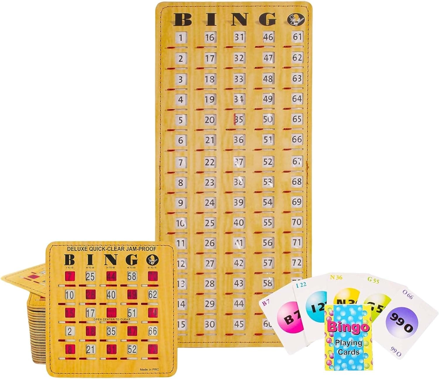 Tarjetas de BINGO a prueba de atascos con ventanas deslizantes, 25 tarjetas de persiana reutilizables, 75 tarjetas de llamadas 1 placa maestra en estilo Woodgrain