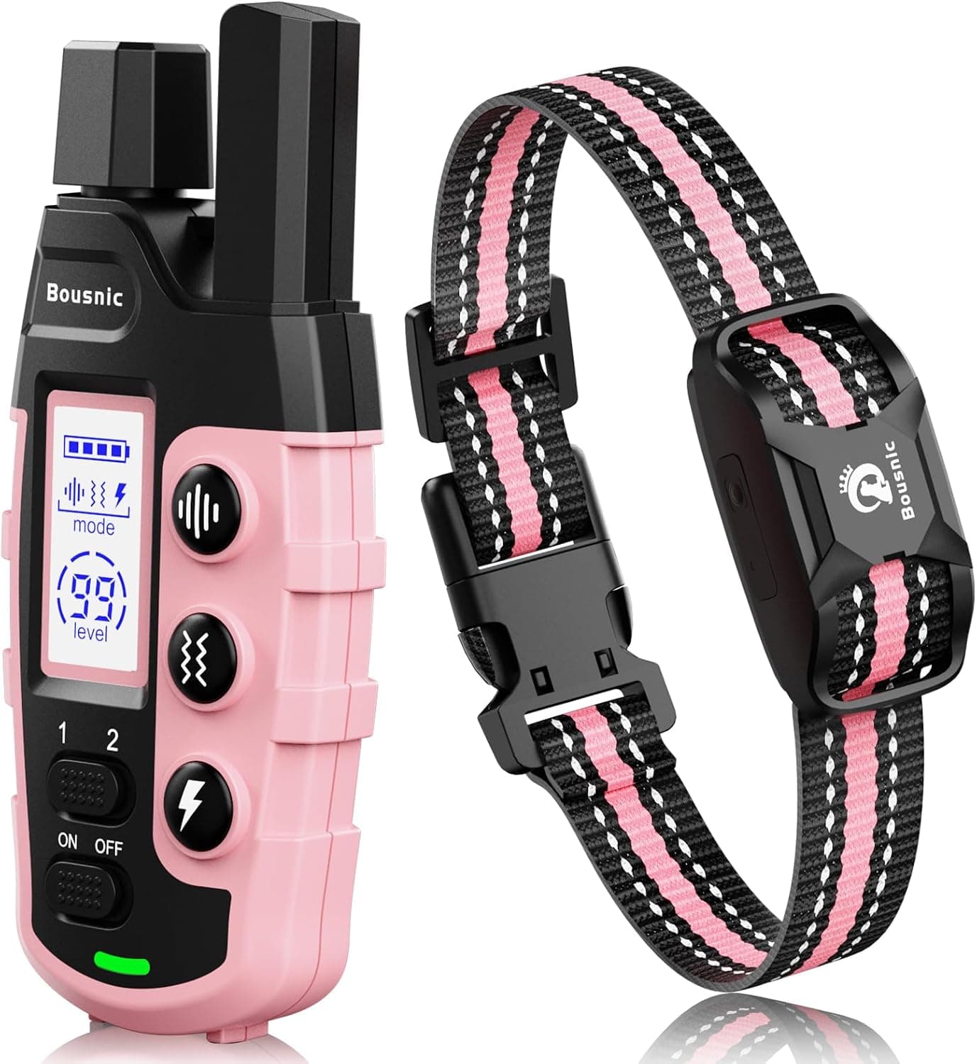 Bousnic Collar de choque para perros – Collar de entrenamiento para perros de 3300 pies con control remoto para perros pequeños, medianos y grandes de 5 a 120 libras, collar electrónico impermeable recargable con pitido (1-8), vibración (1-16), choque seguro (1-99) (rosa claro)