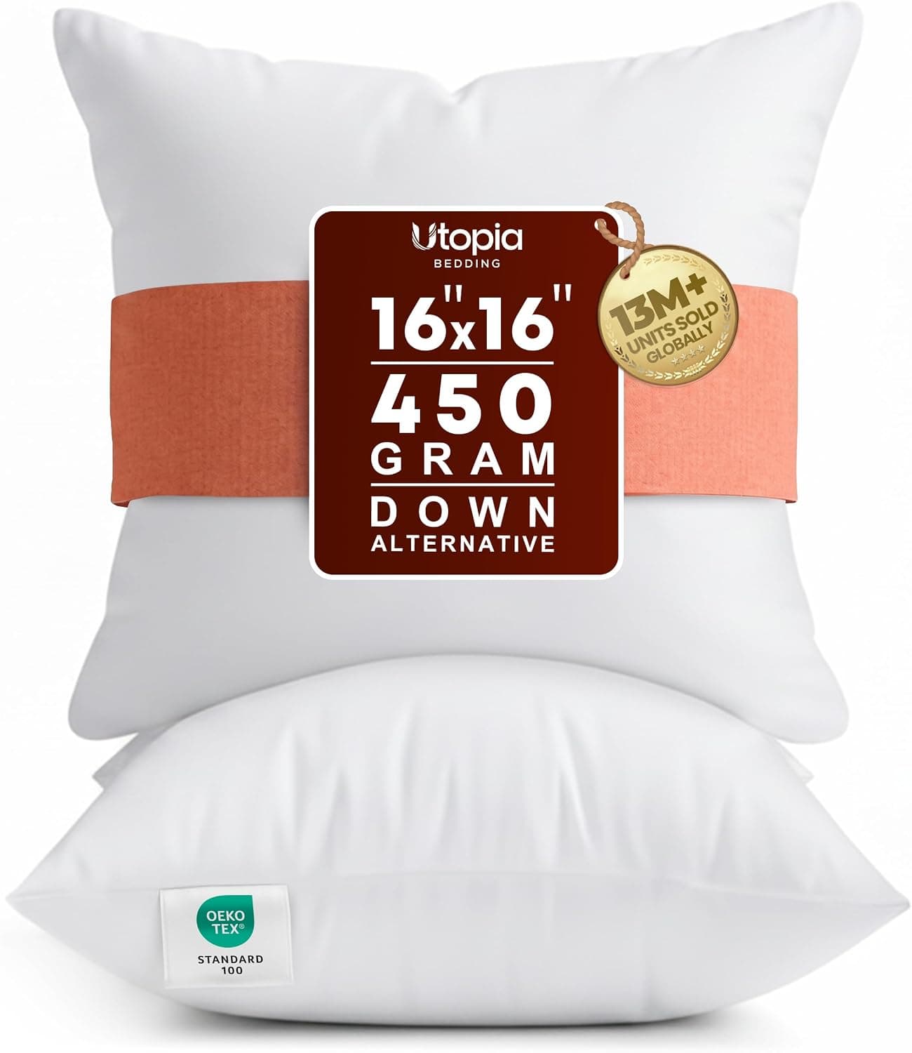 Utopia Bedding Insertos de almohada de 16 x 16, almohadas blancas para sofá, paquete de 2 | Relleno 100% virgen, inserciones de cojines interiores para cama, sofá y sofá, almohadas decorativas mullidas, de apoyo y con relleno extra
