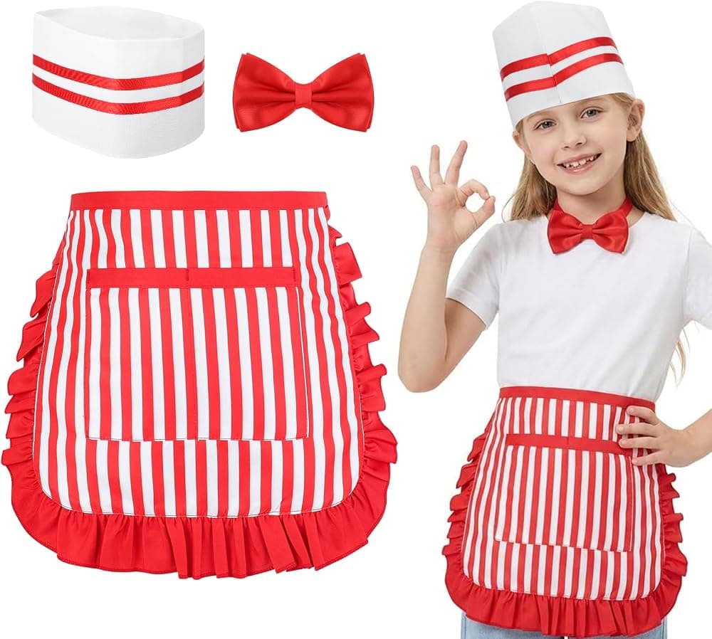 Kit de disfraz de camarero de los años 50 de 3 piezas, disfraz de Soda Jerk | Medio delantal a rayas rojas y blancas con 2 bolsillos, gorro de chef Soda Jerk, pajaritas rojas, delantal ajustable para fiesta de cosplay para niños
