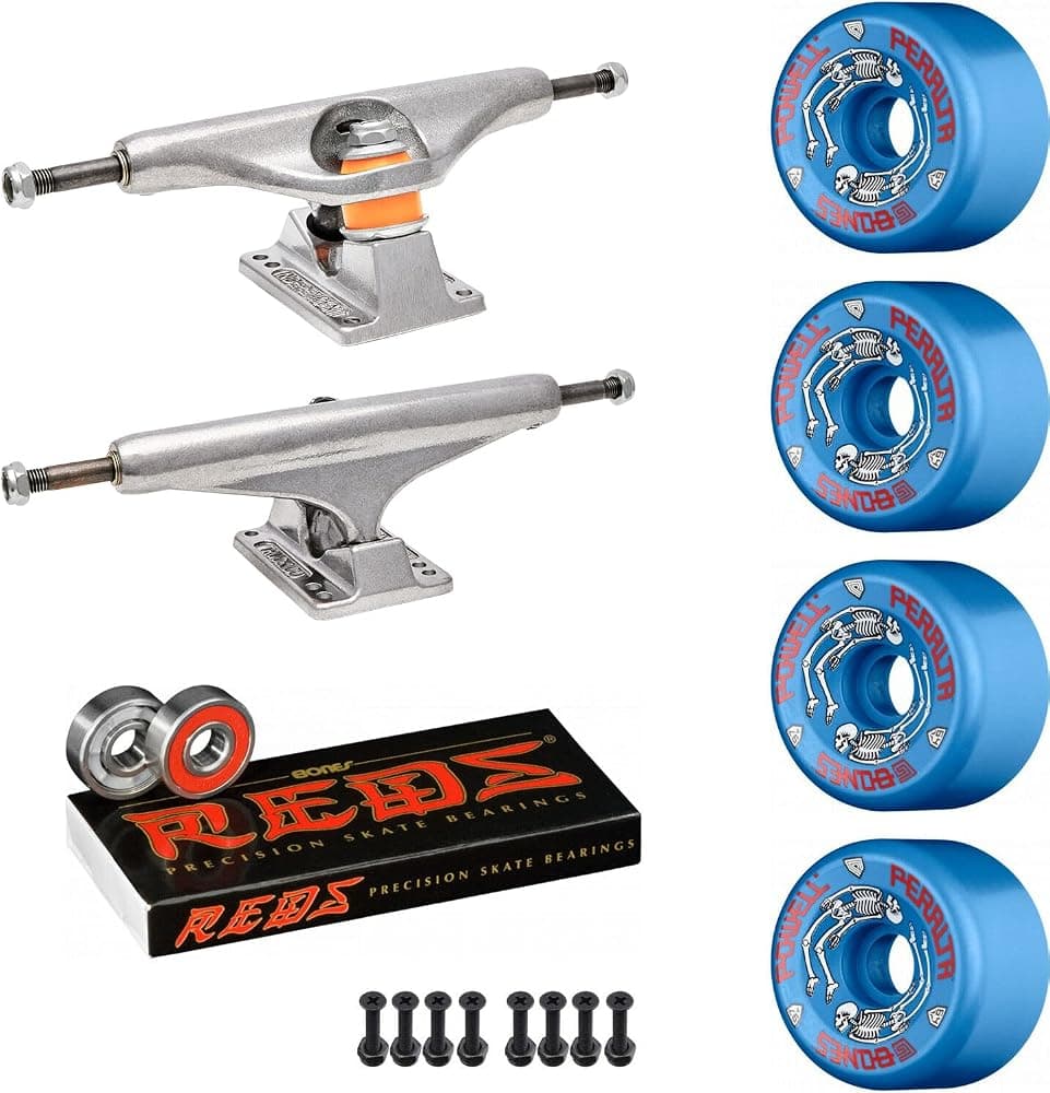 Paquete de patineta Old School con ejes independientes, ruedas azules Powell G-Bones, rodamientos Bones Reds, accesorios de montaje y elevadores, Stage 11 STD Raw 159 (8,75 pulgadas)