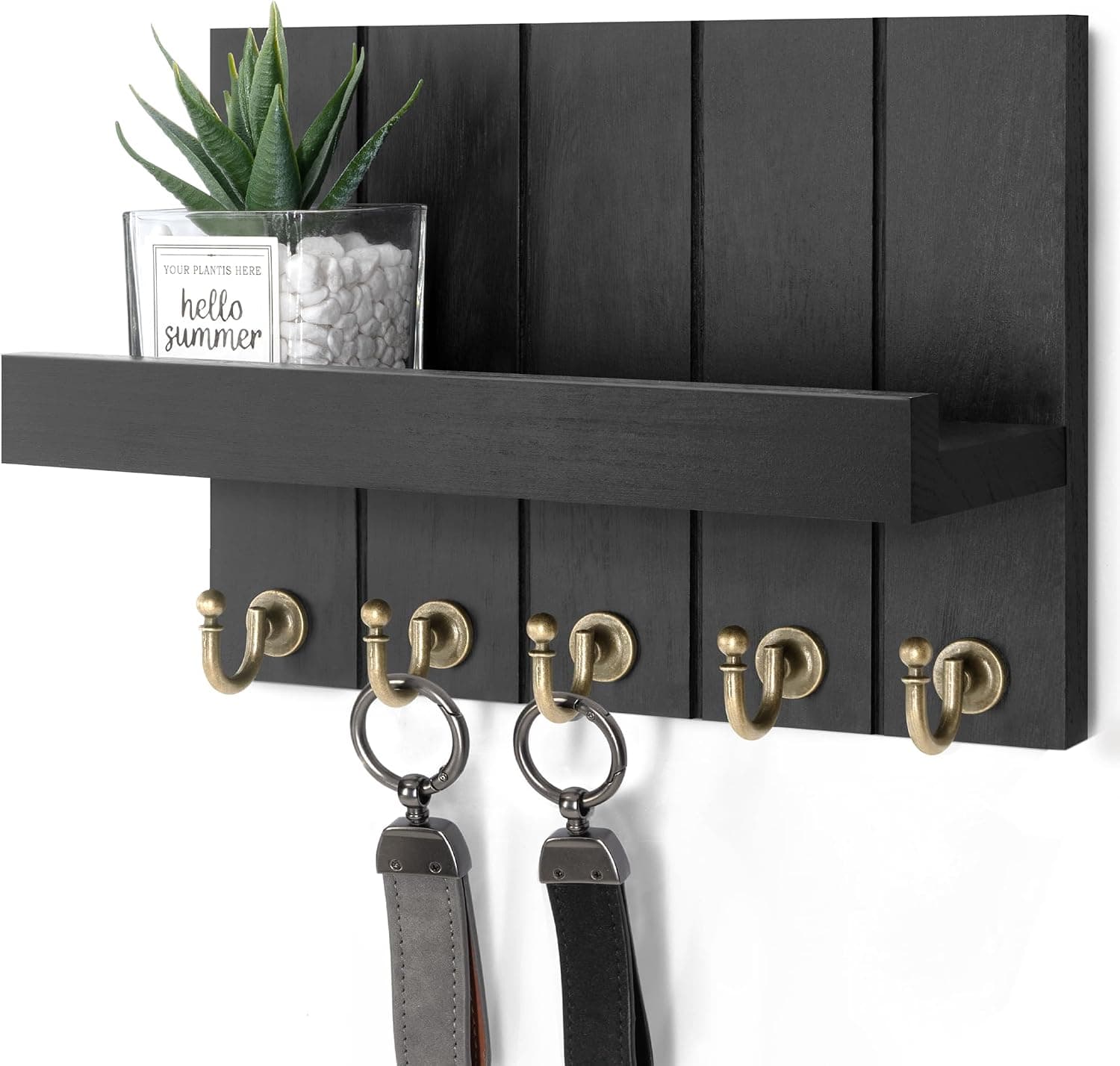 Rebee Vision Soporte para llaves de pared con estante y ganchos para sala de estar, negro | 3.54" x 10"x 7.28", 5 ganchos para llaves, estante flotante, planta de exhibición, llavero para pared, esencial para el apartamento
