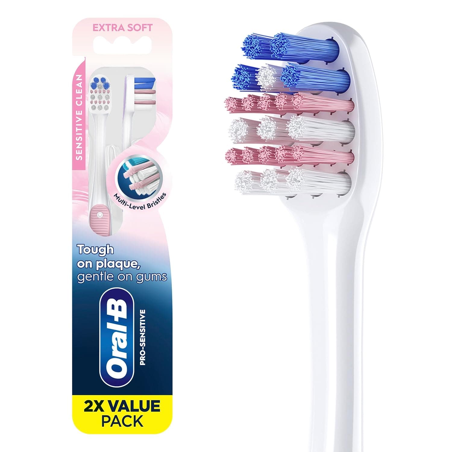 Oral-B Gum Care Cepillos de dientes sensibles, 2 unidades de cepillo de dientes extra suave, suave con los dientes, suave con las encías, cepillo de dientes extra suave, cepillo de dientes compacto