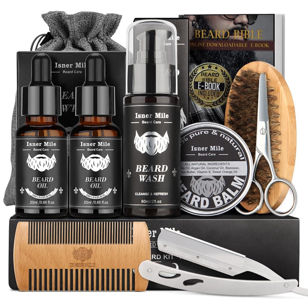 Isner Mile Regalos para padres para esposo: kit de cuidado de barba para hombres con bálsamo de aceite para barba, cepillo de lavado, peine y maquinilla de afeitar recta, calcetines navideños, regalos de cumpleaños de San Valentín para hombres, él, novio | Acondicionador y aceites, navaja de afeitar, relleno de calcetines navideños, cesta de regalos para padres de San Valentín para papá, él, novio y marido