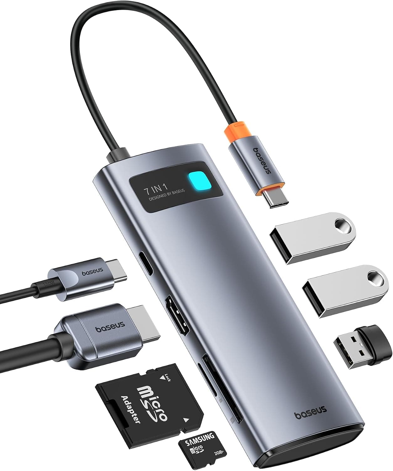 Baseus Adaptador USB C a HDMI, Estación de Acoplamiento USB C 4K@60Hz, Hub USB C 7 en 1 con 3 USB-A, PD 100W, Lector de Tarjetas TF/SD, Compatible con iPhone 15/Mac/Dell/Acer/HP/ASUS/Steam Deck/Rog Ally