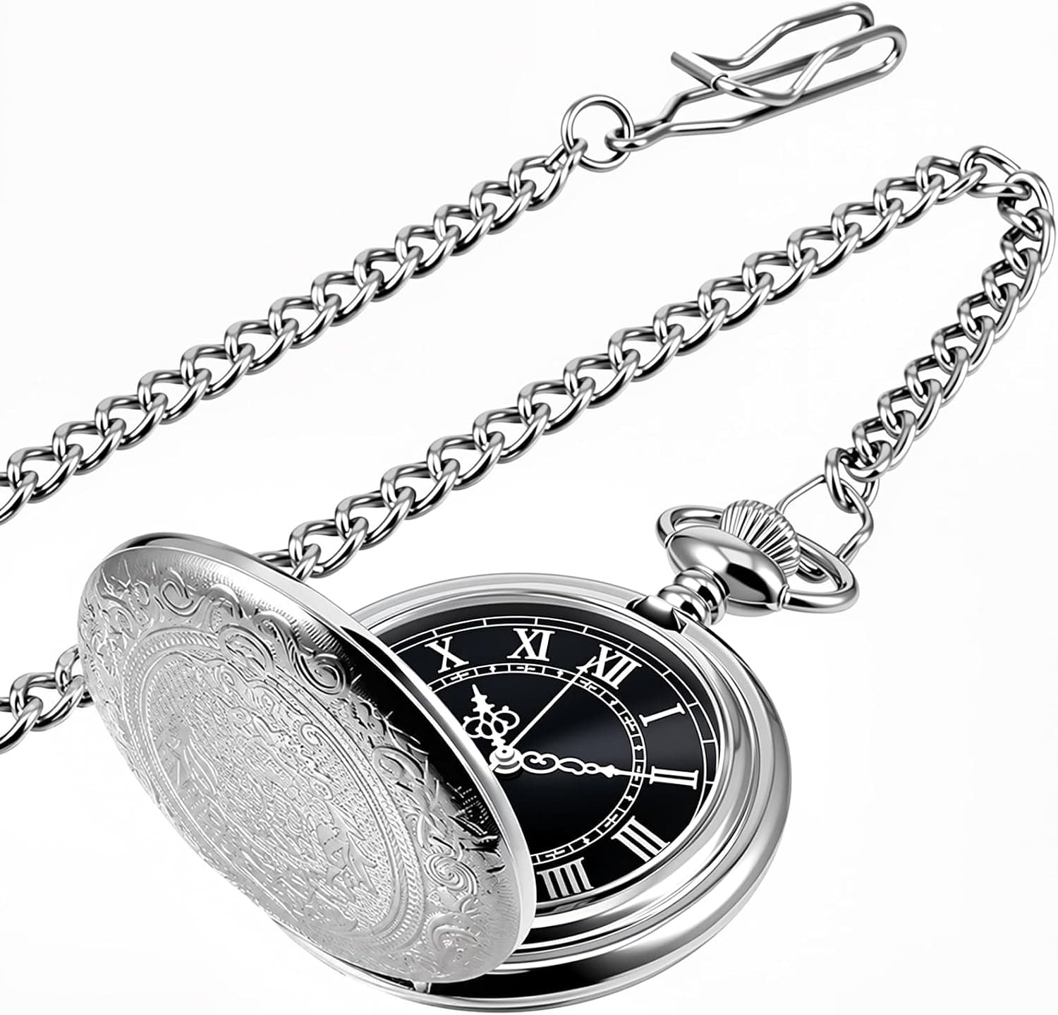 Reloj de bolsillo de cuarzo para hombre con esfera y cadena negras