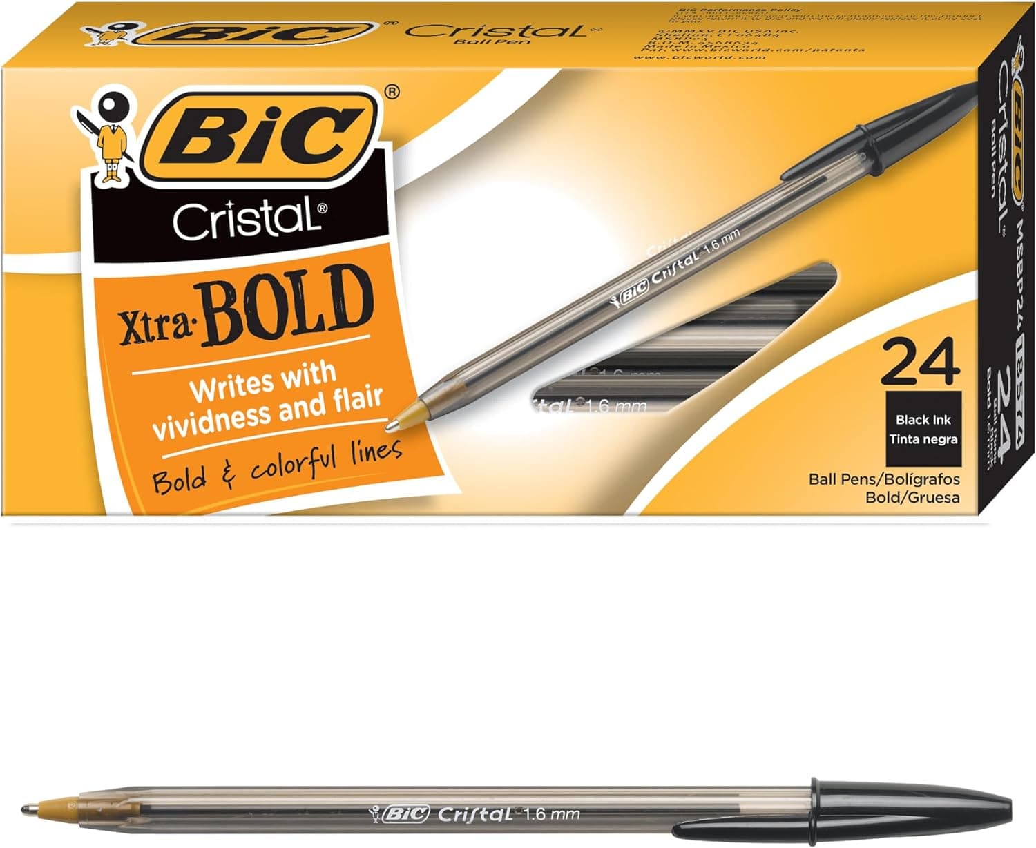Bolígrafos BIC Cristal Xtra Bold, punta atrevida (1,6 mm) para líneas vívidas y dramáticas, tinta negra, paquete de 24 unidades, bolígrafos de tinta perfecta