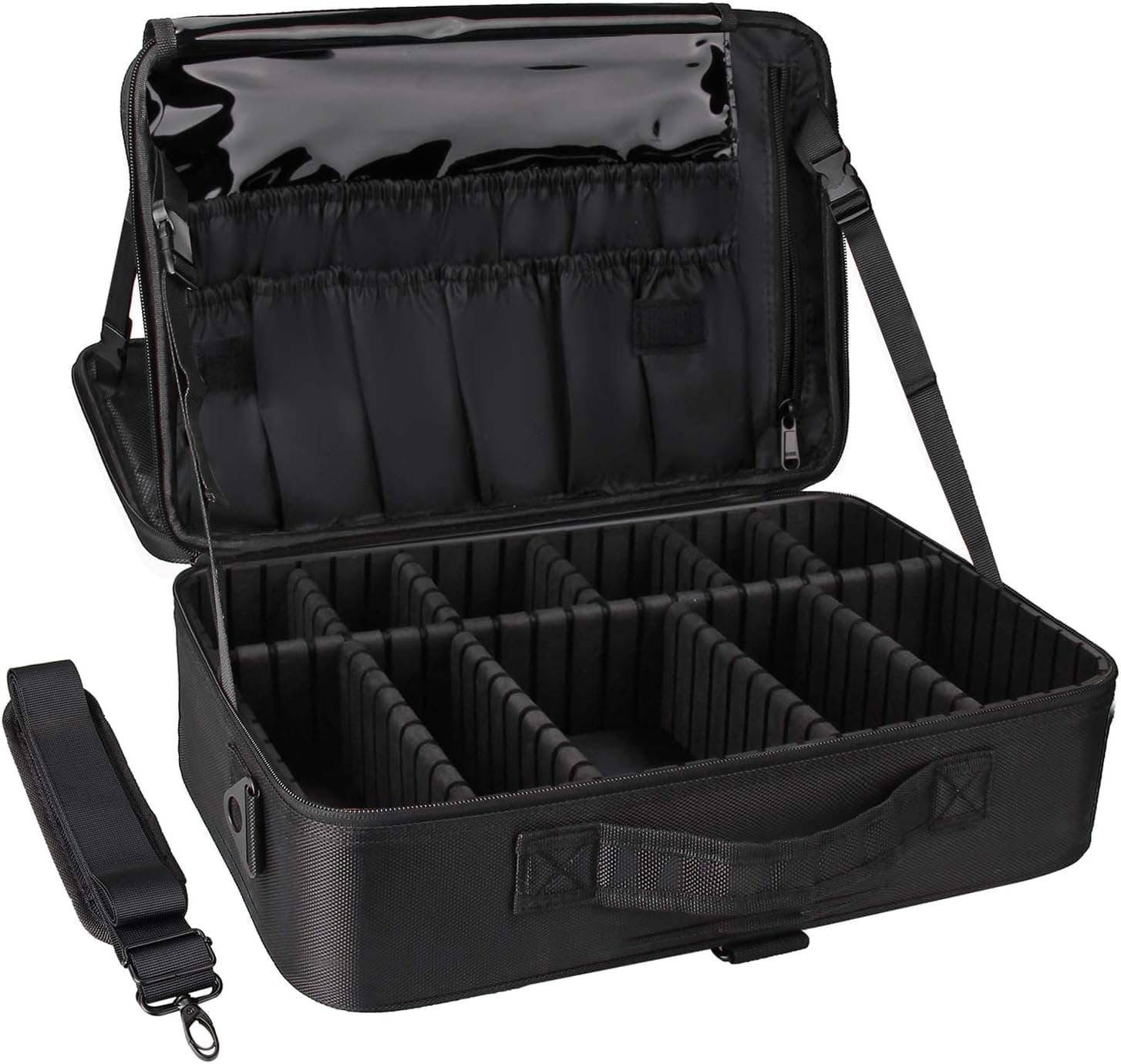 Relavel Estuche de viaje para maquillaje, organizador de cosméticos, bolsa de almacenamiento portátil para artistas con divisores ajustables para cosméticos, brochas de maquillaje, artículos de tocador, joyería, accesorios digitales