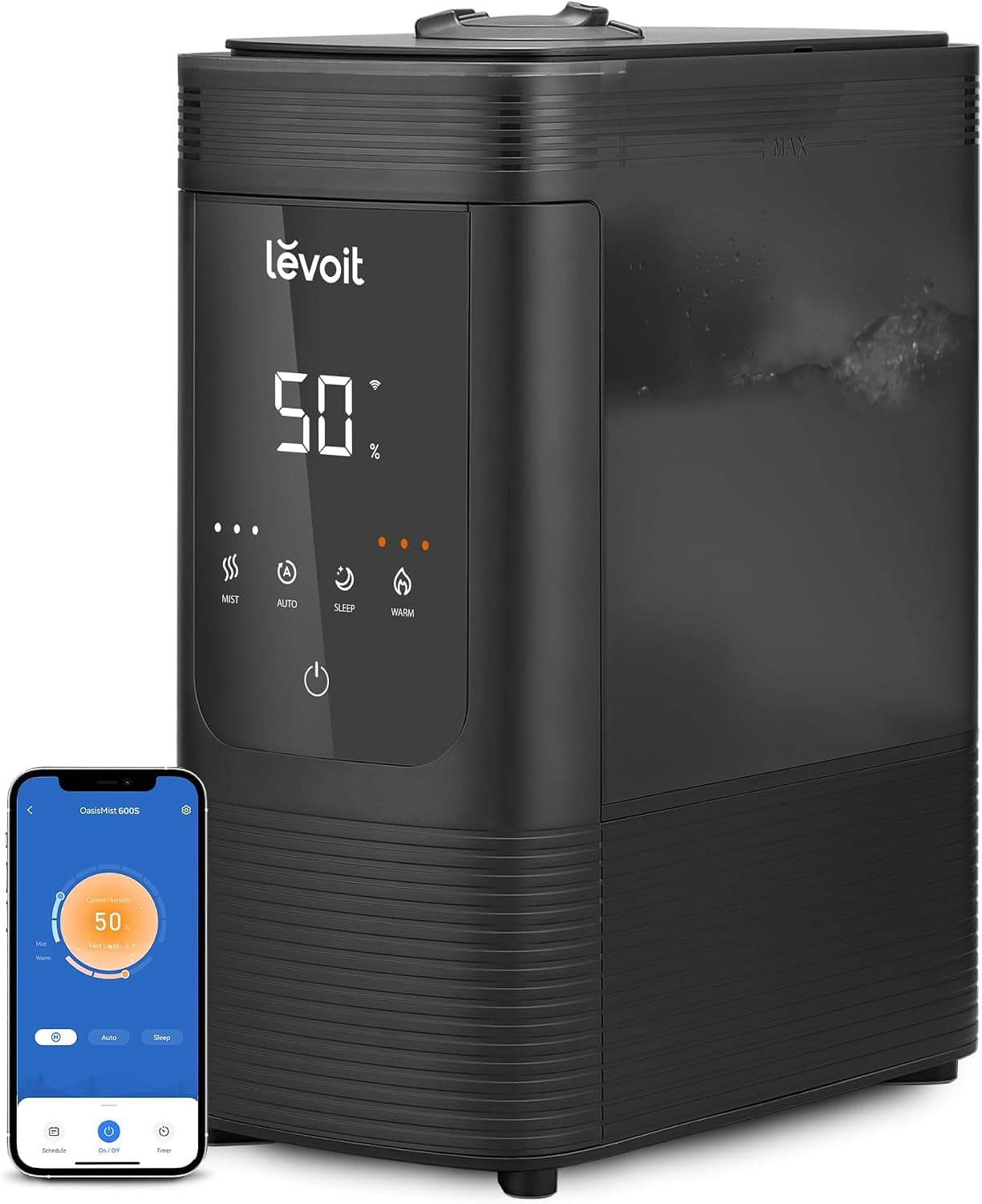 Humidificadores inteligentes de niebla cálida y fría Levoit 6L para el dormitorio del hogar, 60H | Humedad personalizada automáticamente para habitaciones grandes, horario, llenado superior fácil, difusor de aceites esenciales, silencioso, asa, negro