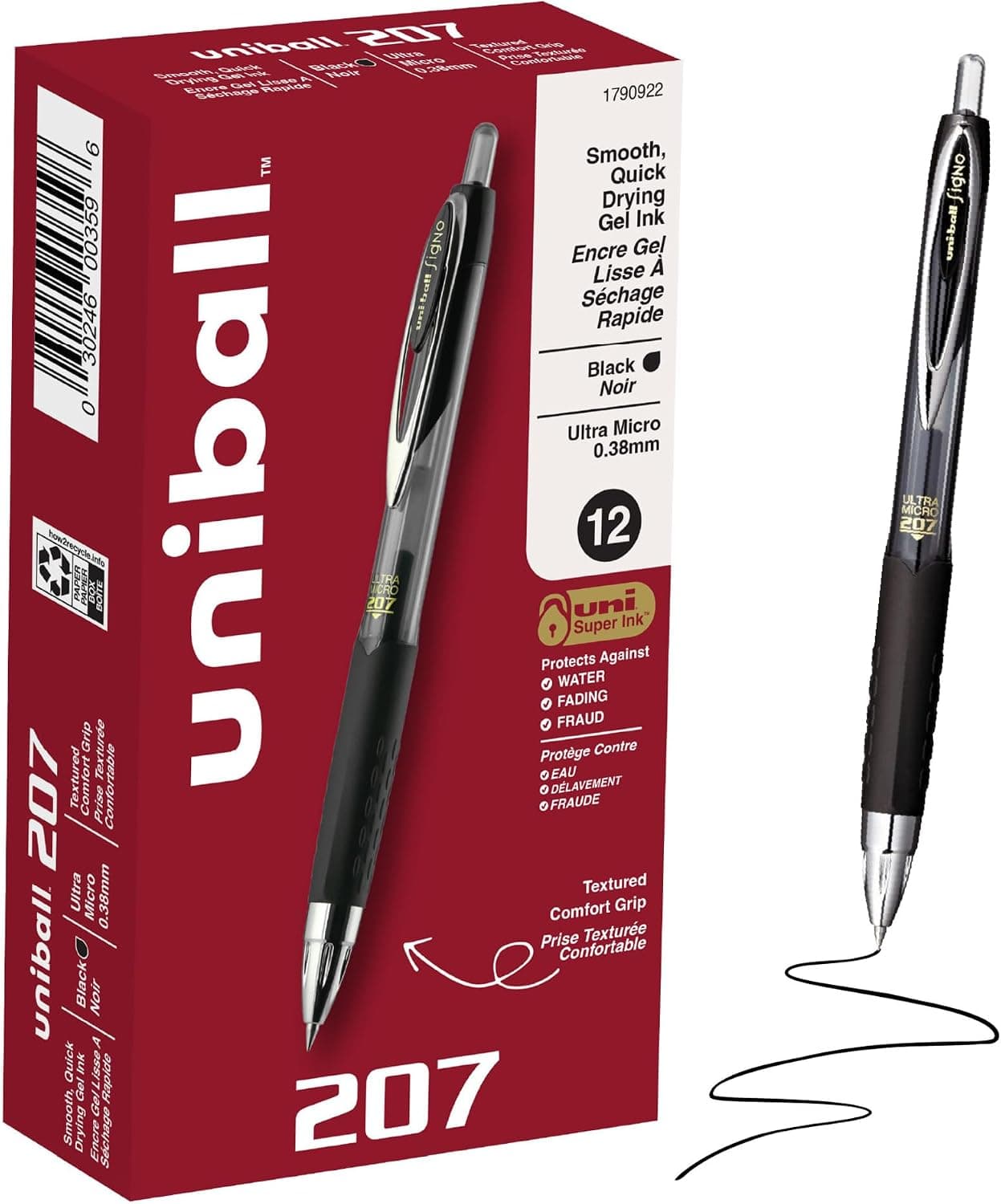 bolígrafos de gel uniball™ 207, tinta negra, punta ultra micro de 0,38 mm, 12 unidades | Retráctil, escritura suave, resistente al fraude, uni Super Ink™
