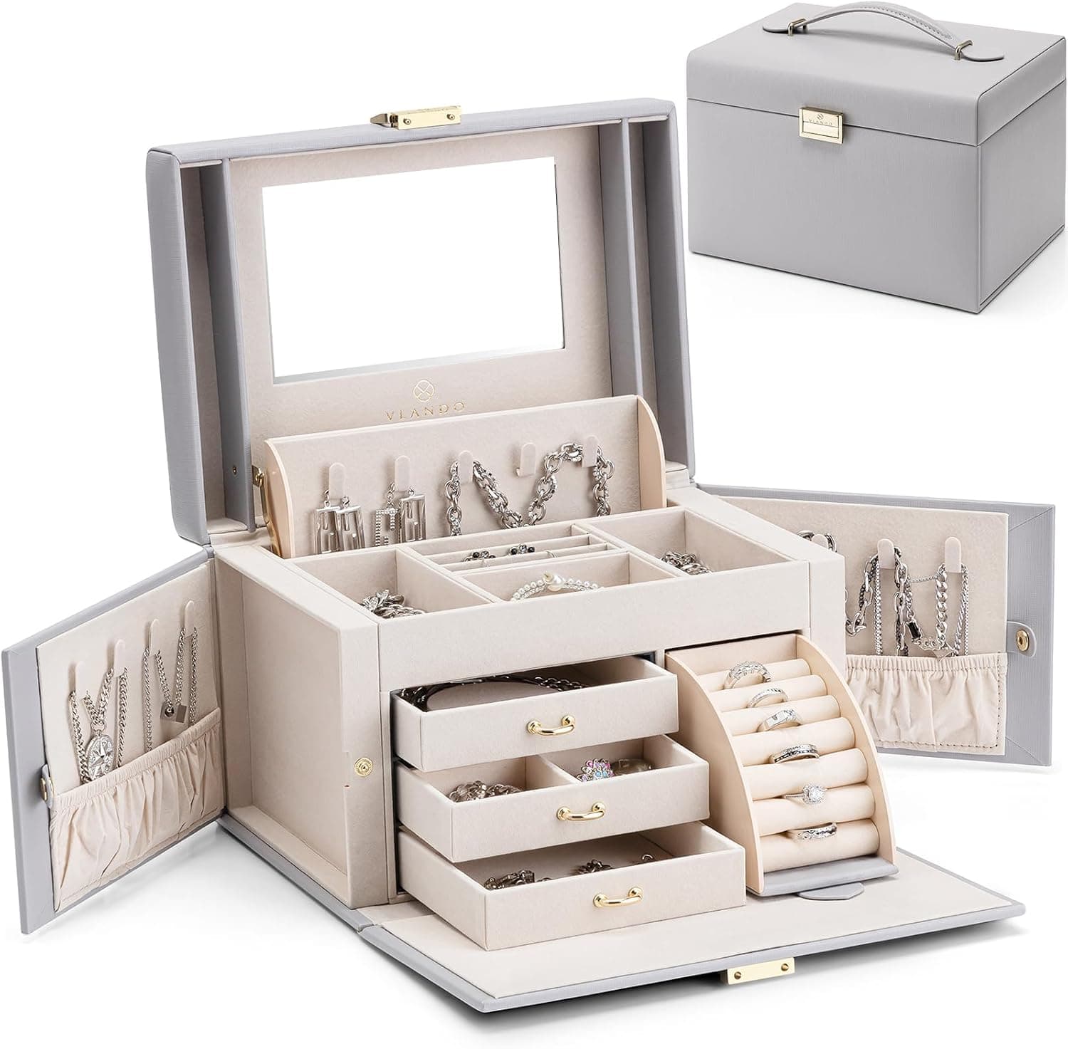 VLANDO Joyero con espejo y 3 cajones, gris | El estilo elegante se adapta al tocador. El interior espacioso contiene todos los adornos bien ordenados, un delicado regalo para el día de la madre para mujeres.