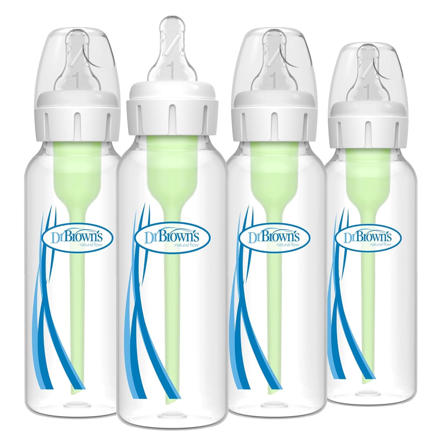 Dr. Brown's Natural Flow Opciones anticólicos+ biberón estrecho, 8 oz/250 ml, con tetinas de flujo lento nivel 1, 0 m+, paquete de 4