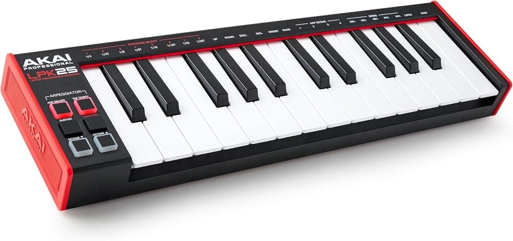 Akai Professional LPK25 Controlador de teclado MIDI USB de 25 teclas | Mini teclas sensibles a la velocidad, arpegiador, compatibilidad universal DAW, para productores musicales
