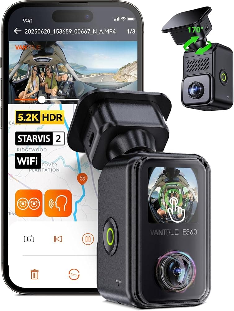 Cámara de tablero ojo de pez panorámica de 2 canales Vantrue E360 | Ojo de Pez Dual, Panorámica 360°, STARVIS 2, Visión Nocturna, Pantalla Táctil, GPS, Modo Estacionamiento 24/7, WiFi, Sensor G, Máx. 1TB (Renovado)