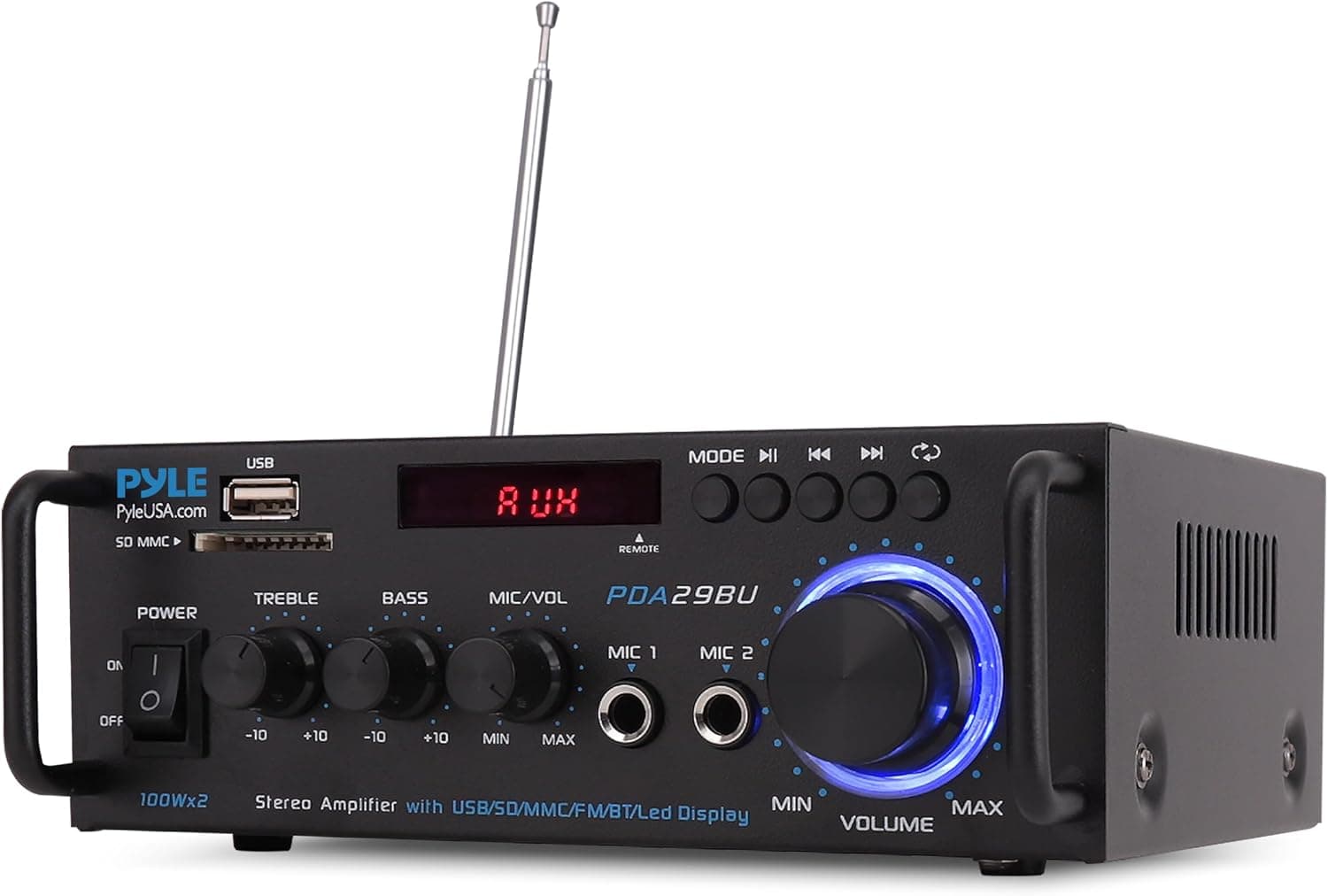 Pyle Amplificador de potencia compacto Bluetooth de 200 W - Receptor de audio inalámbrico de 2 canales con entrada de micrófono de karaoke dual - RCA - USB-A + reproductor de MP3 con tarjeta SD - Radio FM - Entrada AUX - Control remoto - PDA29BU