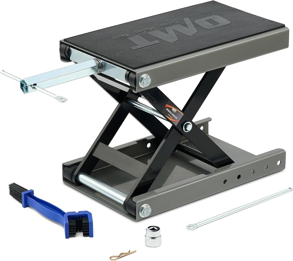 Elevador de motocicleta OMT, soporte de gato de tijera de 1100 lb para ATV Dirt Bike Cruiser | Caballete central para motocicletas con cubierta ancha; Mango en T para polipasto con manivela y casquillo de 3/8 de pulgada; elevación de 3,7 a 14,6 pulgadas; 5 orificios para cerradura; Cepillo de cadena