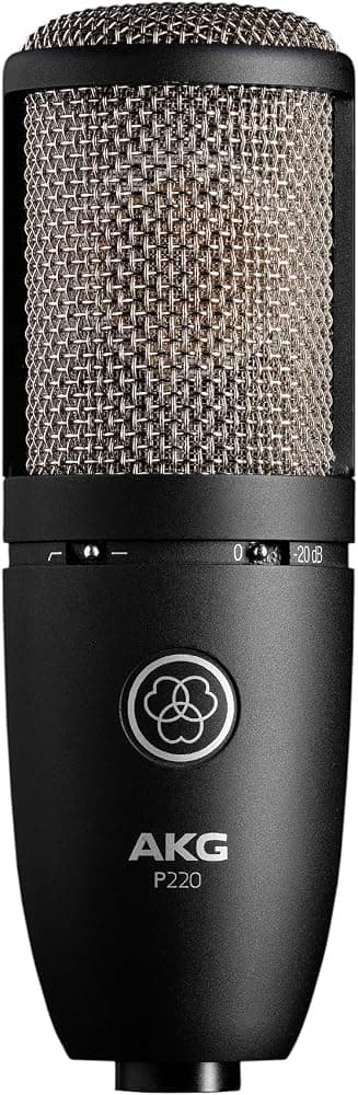 Micrófono condensador de alto rendimiento AKG Pro Audio P220, ideal para voz, guitarra, metales y grabación general. Micrófono con cable XLR, para estudio o escenario. Negro | Latón y grabación general. Micrófono con cable XLR, para estudio o escenario. Negro, ideal para voces.
