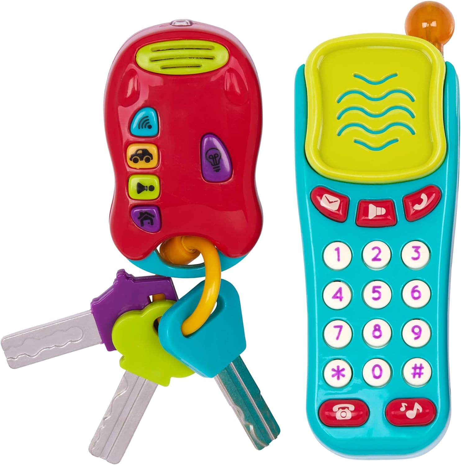 Battat Light & Sound Teléfono y llaves, juguetes sensoriales para juegos de simulación, teléfono+llaves | Juego de 2 piezas con teléfono de juguete iluminado y llaves de juguete, materiales suaves, botones grandes y fáciles de presionar para juegos de rol, Niño pequeño, 10+ meses