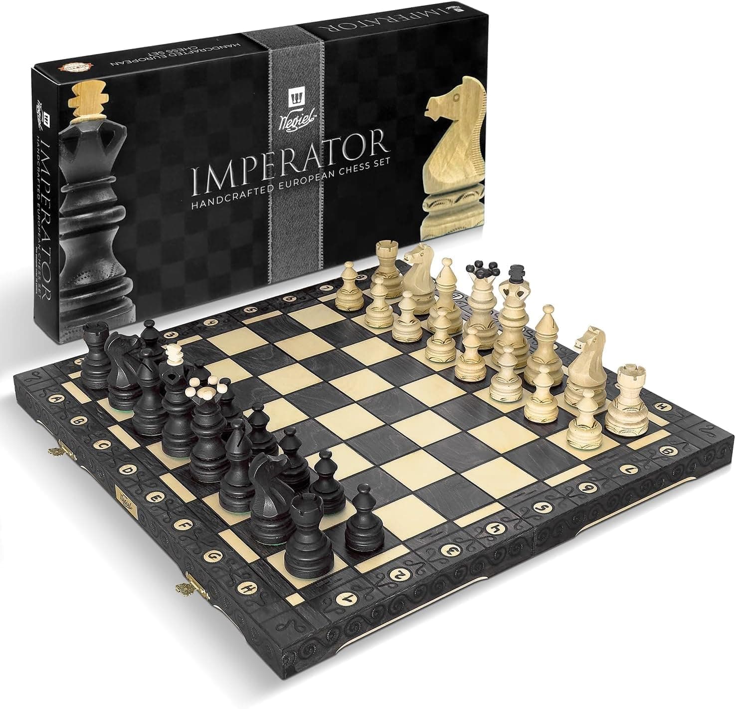 Wegiel Imperator Juego de ajedrez de madera de lujo de 21 pulgadas para adultos y niños - Hecho a mano con madera de haya y abedul de primera calidad - Diseño plegable único con almacenamiento de piezas de ajedrez, negro, Imperator - Negro