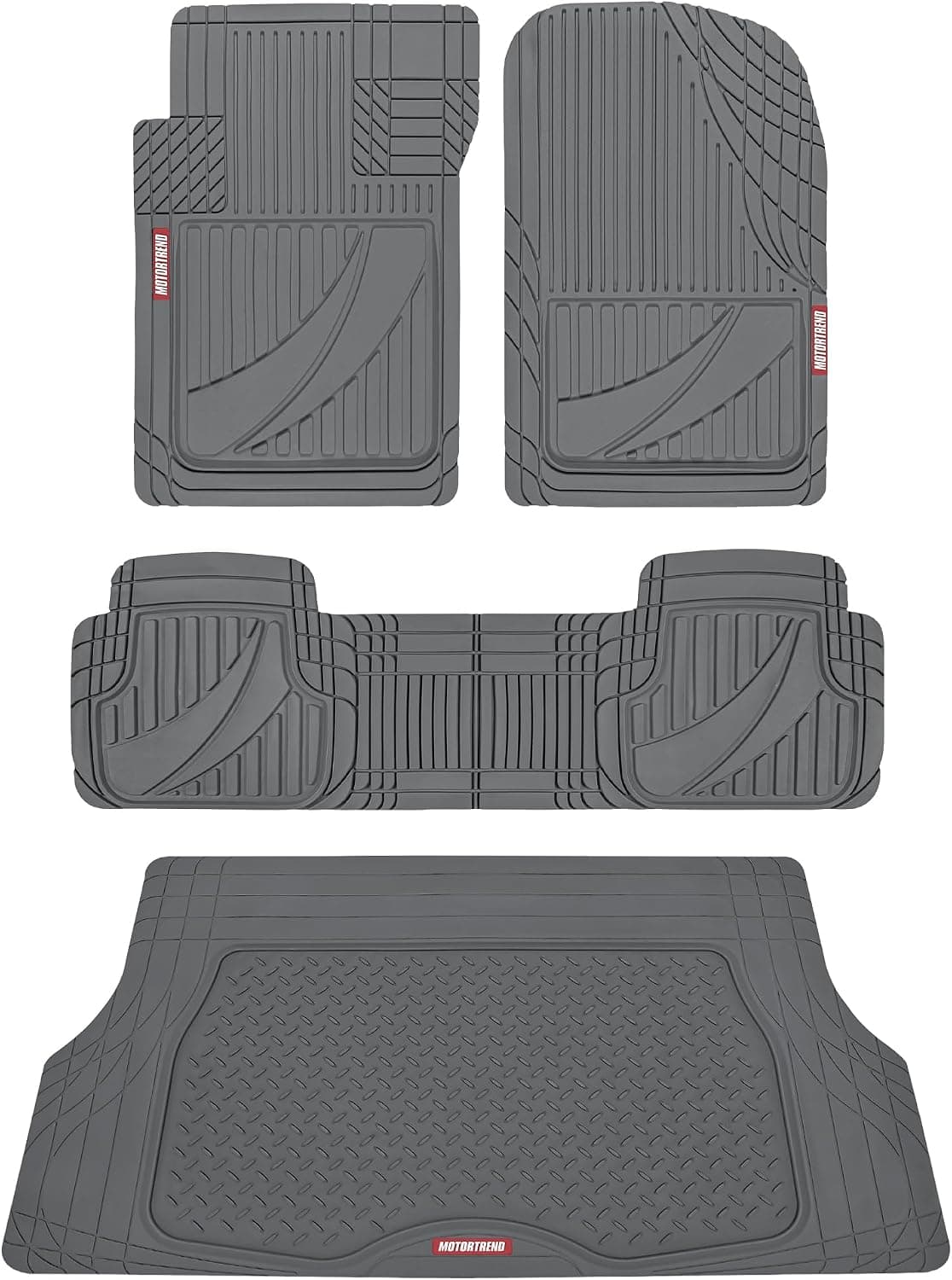 Motor Trend FlexTough™ Juego completo de tapetes de goma gris resistentes para todo tipo de clima y revestimiento de carga para SUV - Ajuste universal para adaptarse a tapetes para el piso automotriz y tapetes para maletero para accesorios interiores de autos