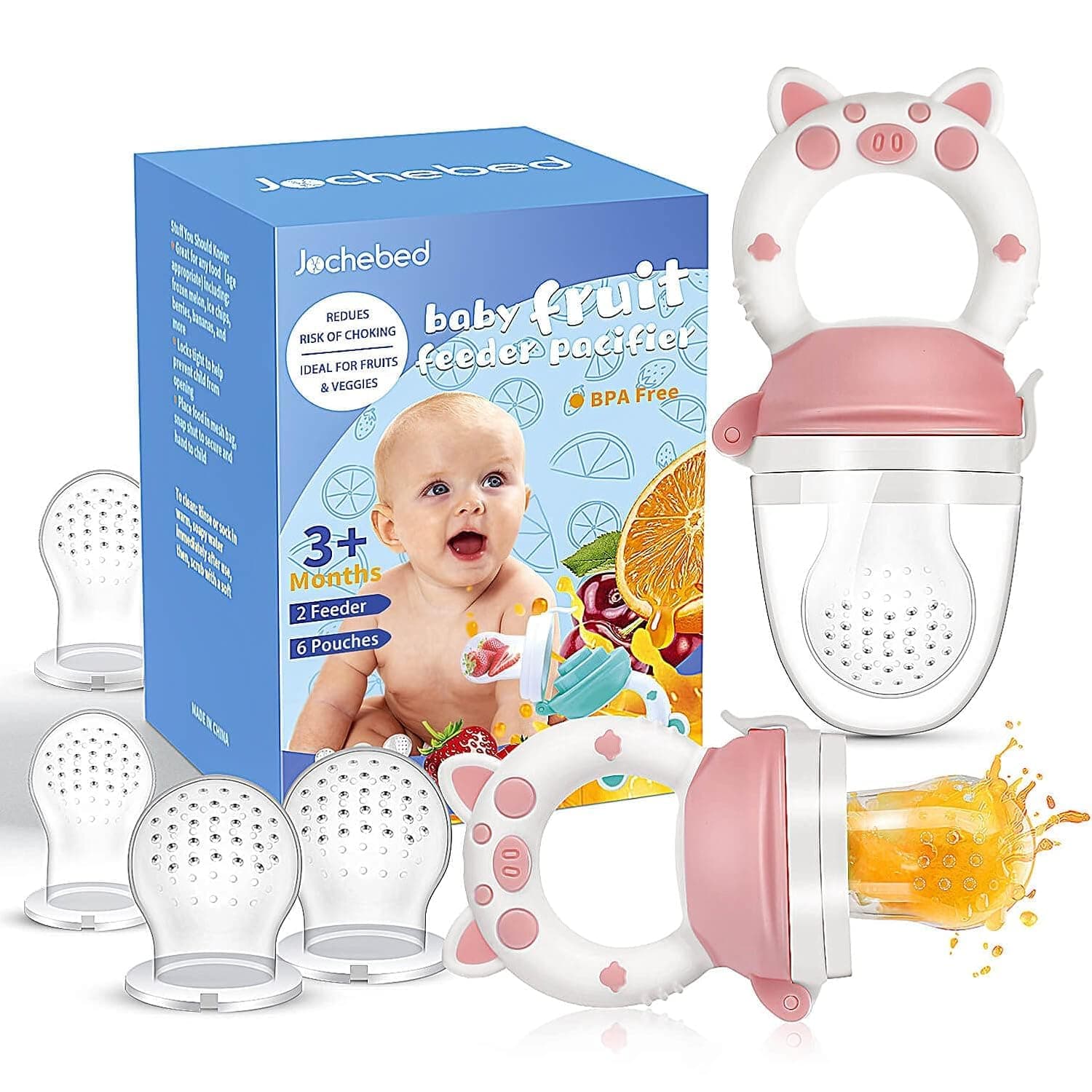 Chupete alimentador de alimentos para bebés, chupetes frescos para la dentición, juguete mordedor para dentición de frutas para bebés de 3 a 24 meses, 6 bolsas de silicona para niños pequeños y bebés, paquete de 2 con mango de cerdito (rosa)